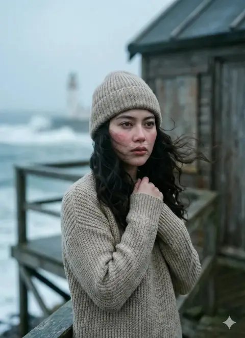 The melancholy girl on the sea stack in the cold wind