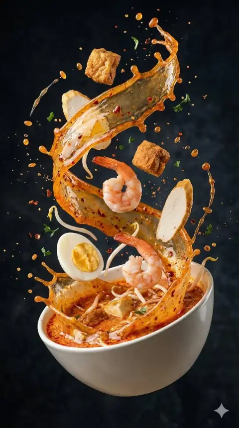 The moment Asian soup ingredients fly into the air and splash