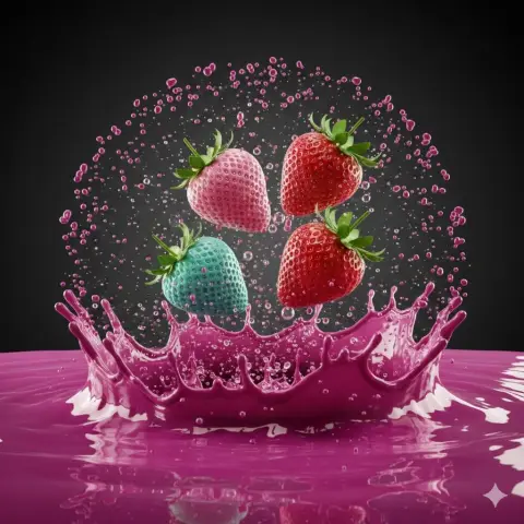 The moment when gorgeous strawberries splash into colored liquid