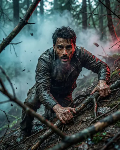 The movie moment of a man climbing hard in a muddy forest to survive in a desperate situation