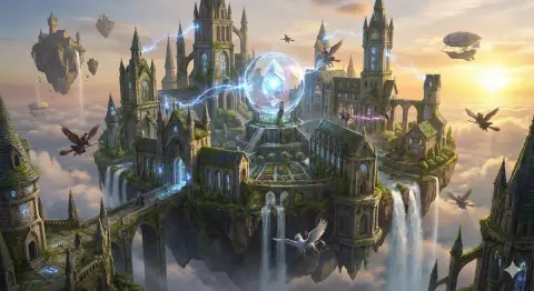 The mysterious arcane magic academy suspended above the clouds