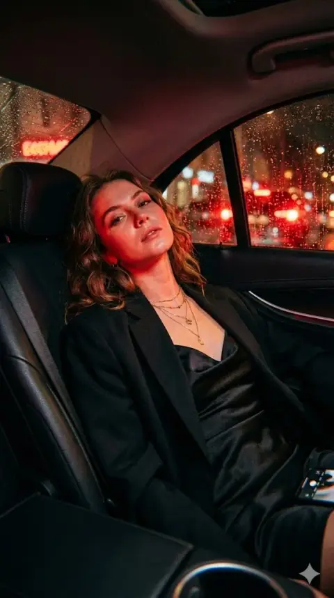 The mysterious charm of the back seat of a taxi on a neon rainy night
