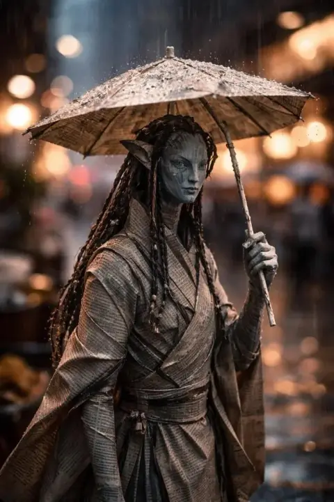 The newspaper origami puppets on the busy street on a rainy night have a cinematic feel