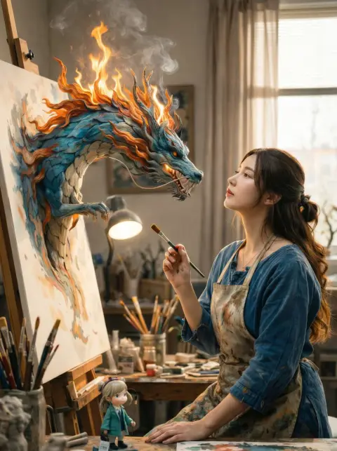 The oriental dragon leaps out of the canvas