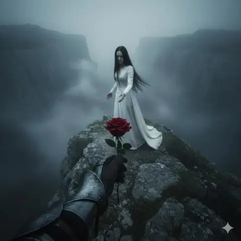The pale girl on the misty cliff takes the red rose from the knight in black armor