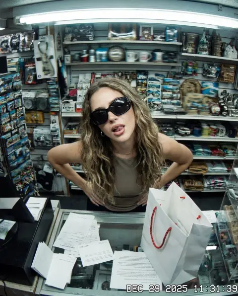 The playful girl in the convenience store in the millennial style under the fisheye lens