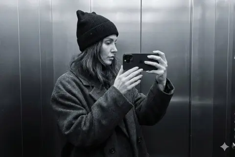 The profile of a girl with cat ears in the minimalist black and white style elevator mirror