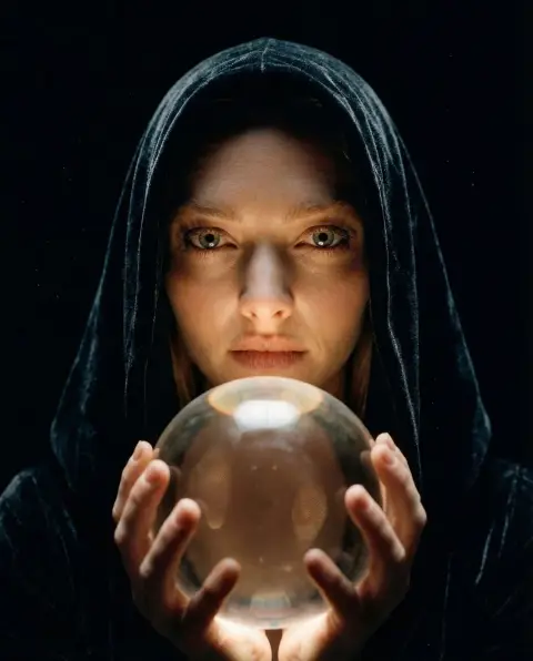 The prophecy ball under the hood at midnight reflects the dim light