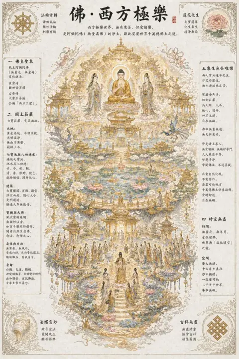 The pure land of bliss transformed from lotus in the Seven Treasures Pond