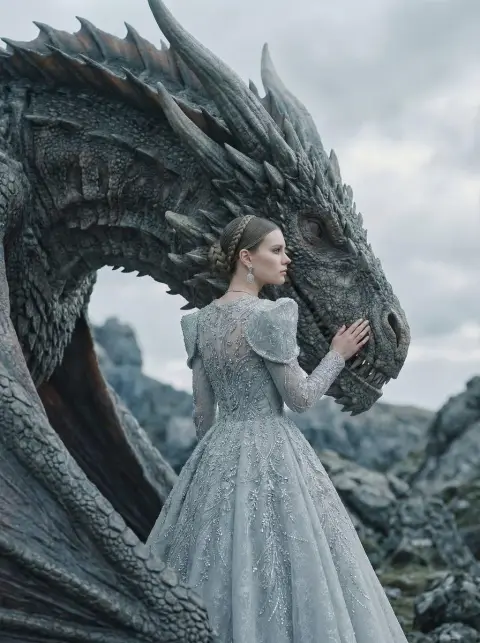 The quiet and tender moment between the ice gray haute couture dragon and the queen