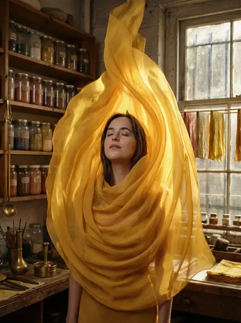 The quiet girl in the bright yellow silk storm