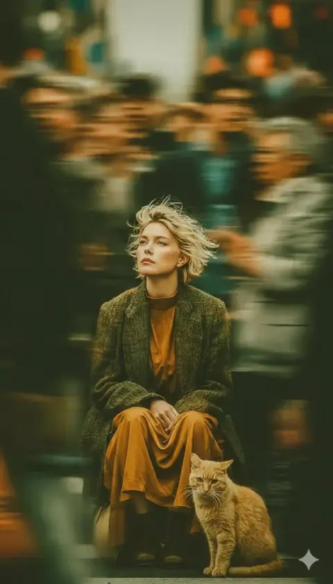 The quietness beyond the hustle and bustle, urban girl and cat under long exposure