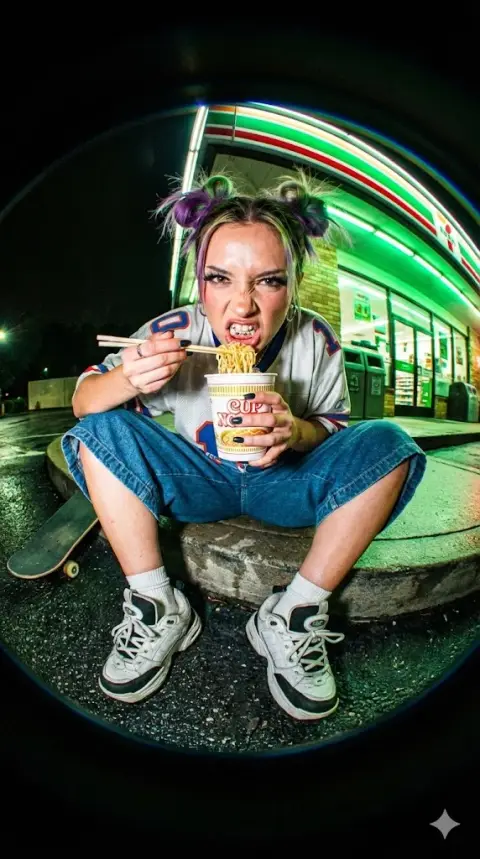 The rebellious girl on the neon street under the fisheye lens