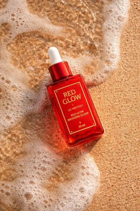 The red essence lies quietly among the waves on the golden beach
