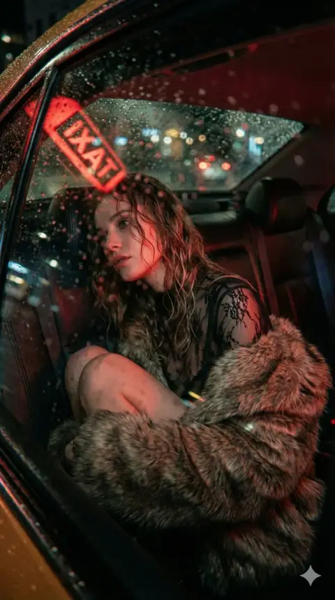 The red phantom behind the taxi window on a blurry rainy night