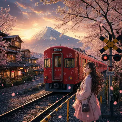 The red train and girl under Mount Fuji during cherry blossom season