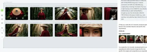 The resolute female warrior in red from the East in the morning mist forest