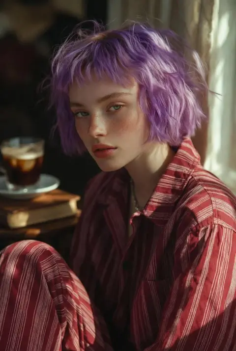 The retro street style of a girl with purple hair and freckles