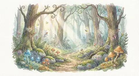The secret realm of the magical forest under the dim light of dawn