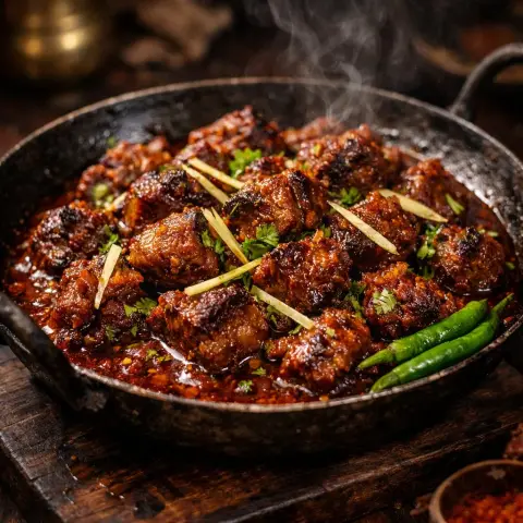 The sizzling mutton curry in the iron pot under the movie light and shadow