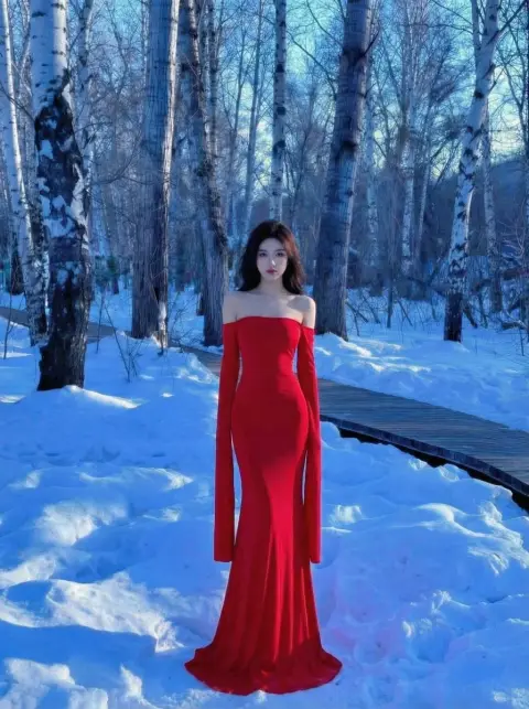The stunning back view of the red dress in the snowy birch forest