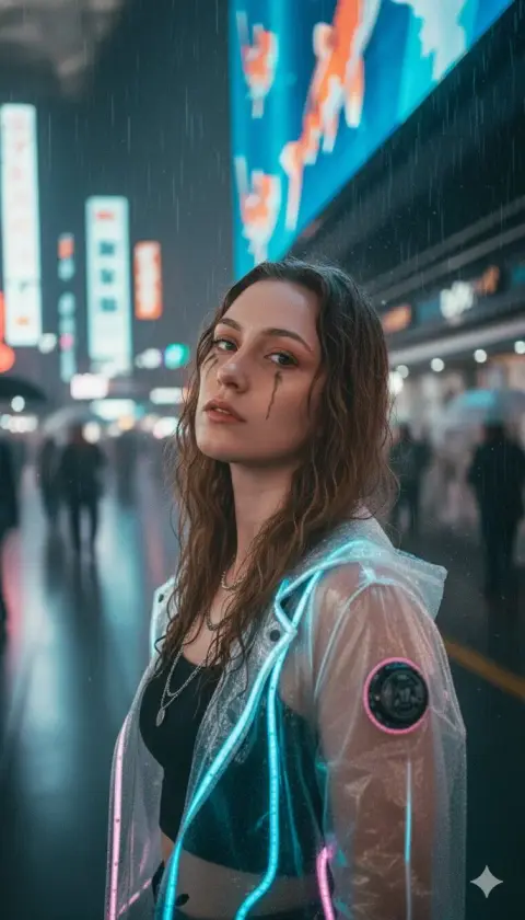 The stunning cyber girl under the holographic koi fish in Shinjuku on a rainy night