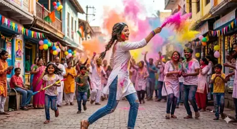 The sun shines through the colored powder at the Holi carnival