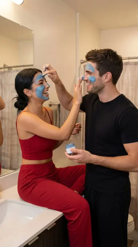 The sweet moment of a couple applying facial masks to each other in a cozy bathroom