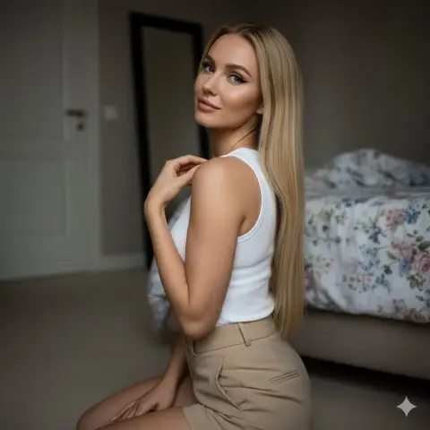 The tender moment of a blond girl kneeling and looking back in a dimly lit bedroom