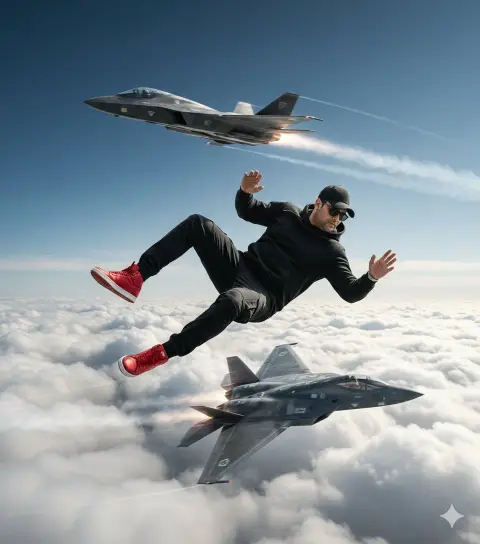 The thrilling moment of falling accompanied by a fighter jet flying at an altitude of 10,000 meters in the clouds