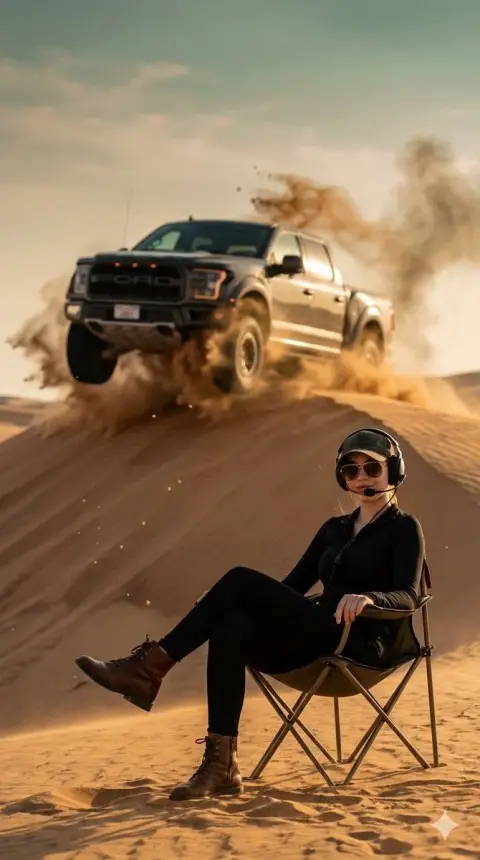 The ultimate contrast between the golden hour wilderness speed and the cool girl