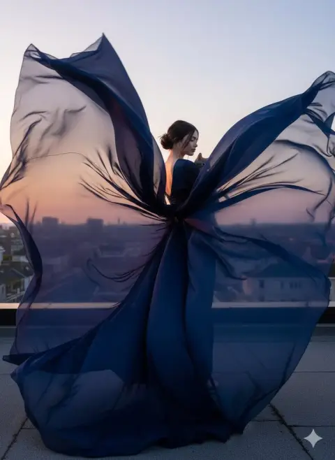 The ultimate light and shadow moment of flowing clothes on the cliff.