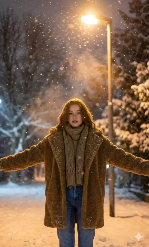 The ultimate realistic winter night portrait embracing the falling snow under the street lamp