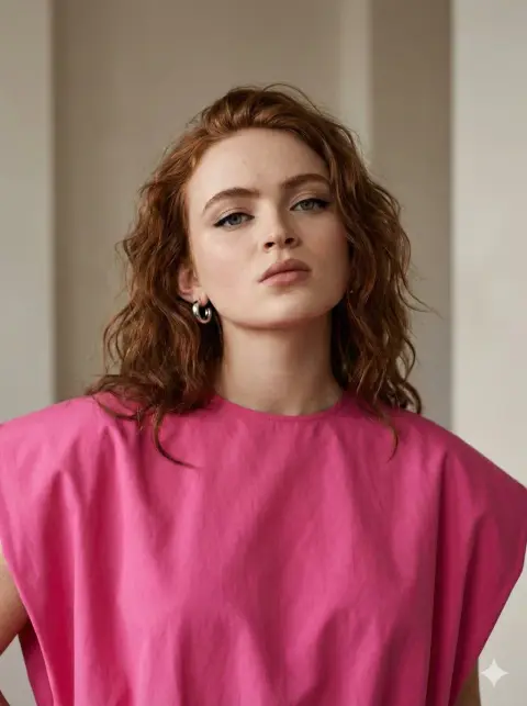 The ultimate tension between messy red hair and hot pink shirt
