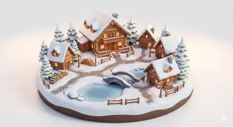The warm lights of the alpine wooden house village on a snowy night