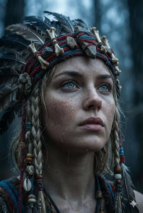 The wild tribal war goddess with ice blue eyes
