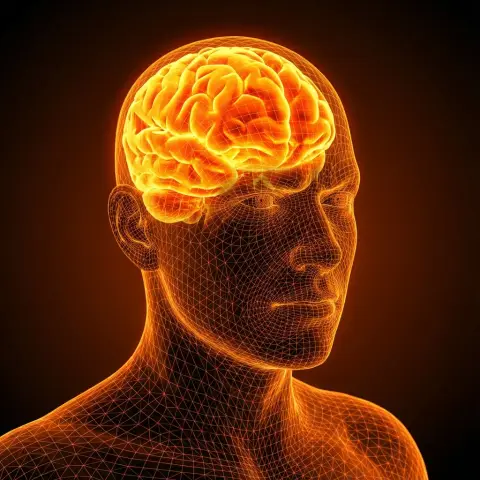 Thought overload: fiery brain in orange wireframe grid