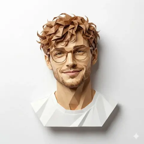 Three-dimensional geometric paper art presents a realistic portrait of a young man with curly hair