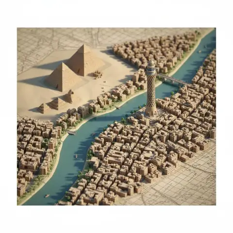 Three-dimensional miniature cityscape on retro map