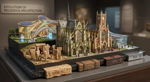 Three-dimensional perspective painting of the evolution of religious architecture through five thousand years