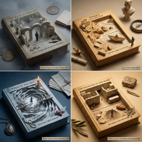 Three-dimensional poetry and topographical wonders emerging from old book pages