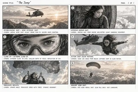 Thrilling skydiving movie storyboard
