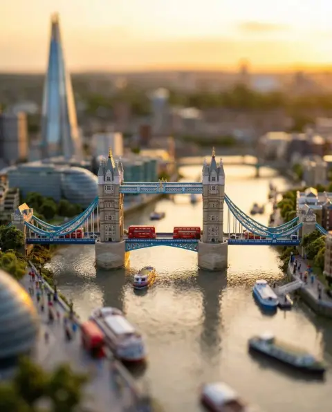 Tilt-shift miniature Tokyo sunset cherry blossom street scene