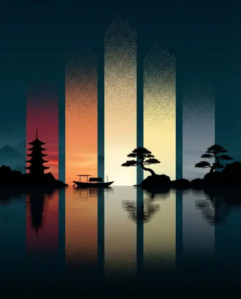 Time Slice: Oriental Zen Reflection under Vertical Light Strip