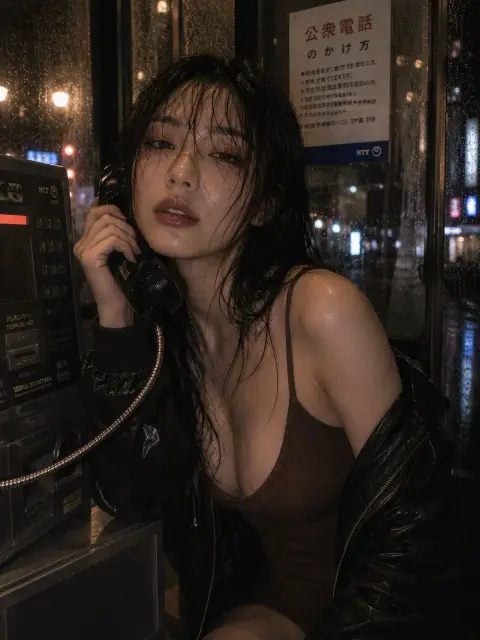 Tipsy Japanese private photos in a phone booth on a rainy night