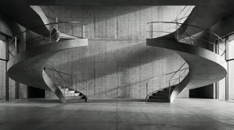 Tokyo Metropolitan Government Building stairs under dramatic light and shadow