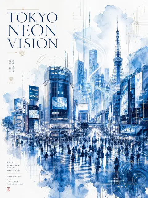 Tokyo neon visual minimalist cobalt blue watercolor poster