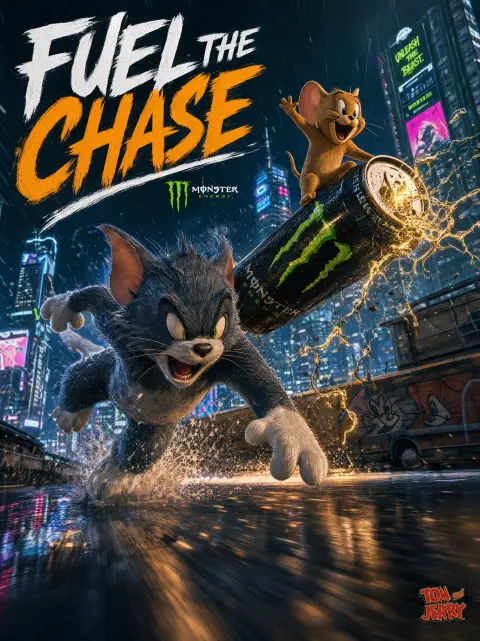 Tom and Jerry futuristic city rooftop chase commercial
