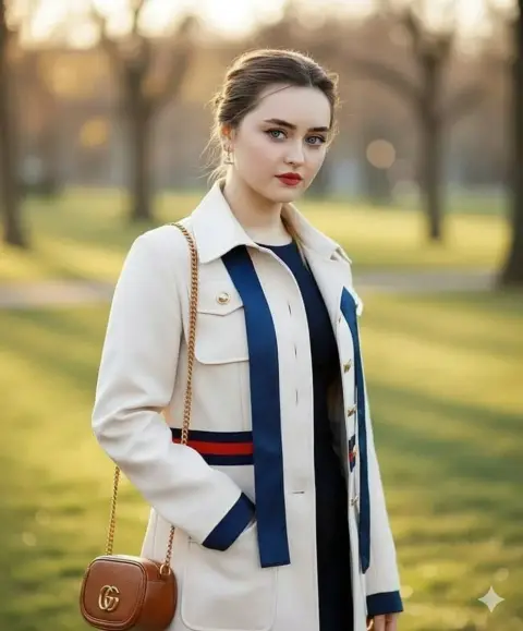 Top magazine blockbuster of a woman with blue eyes and red lips in a trench coat
