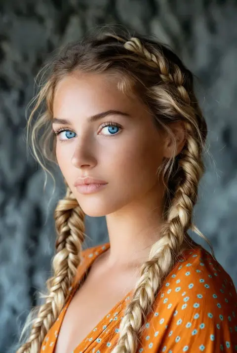 Touching movie portrait of a blonde girl with double braids